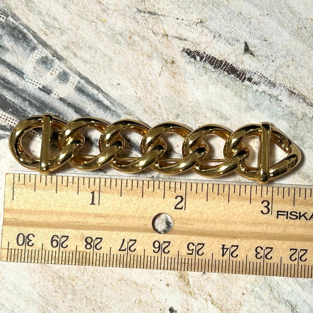 Big Bold Vintage 1980s Gold Designer Signed Monet Chain Motif Brooch Pin